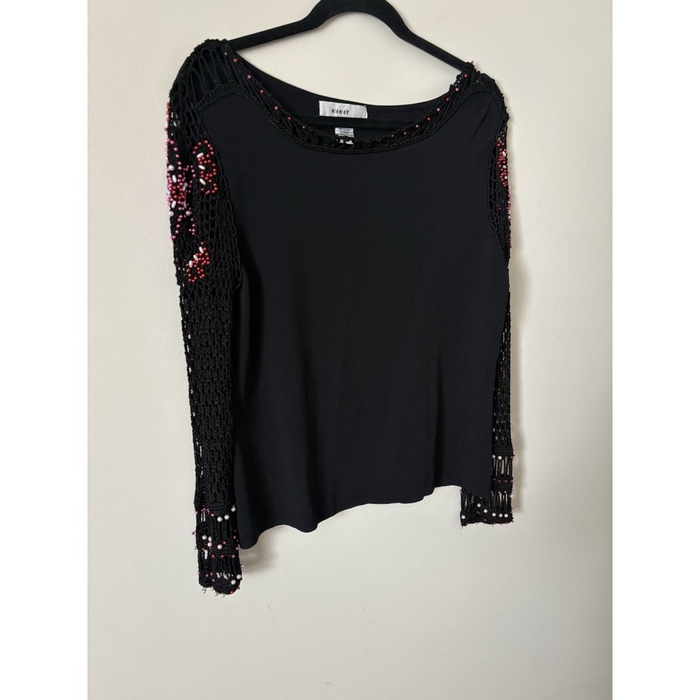 Women's Kikit‎ Black Long sleeve Rayon Sweater, FairyFlowerBeaded Crocheted SzL